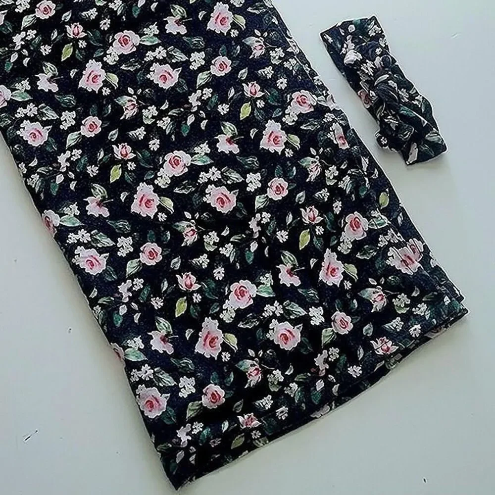 Posh Peanut Floral Black and Pink Swaddle with Matching Headband